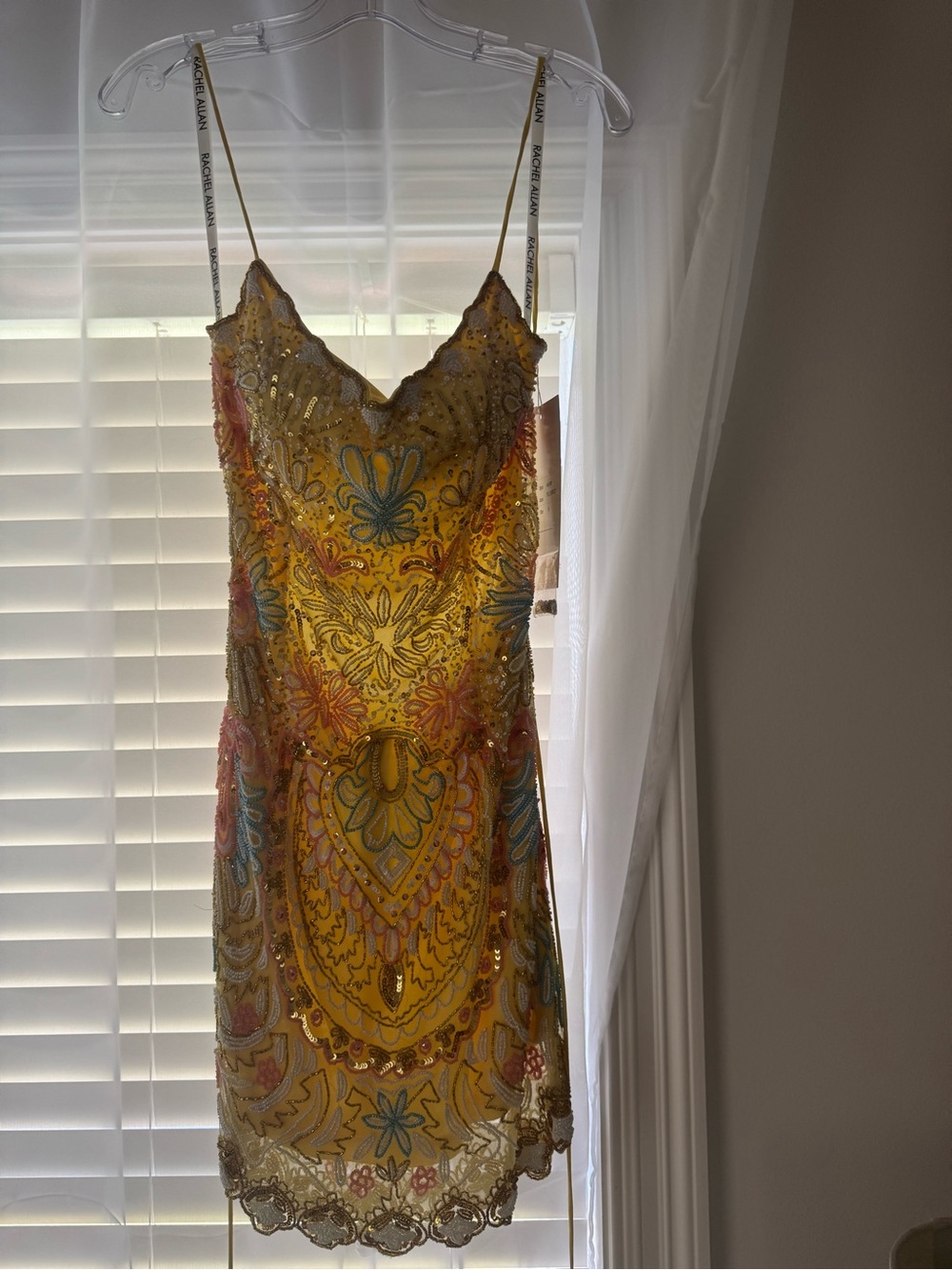 Rachel Allan Yellow Embroidered Beaded Mini Dress NWT